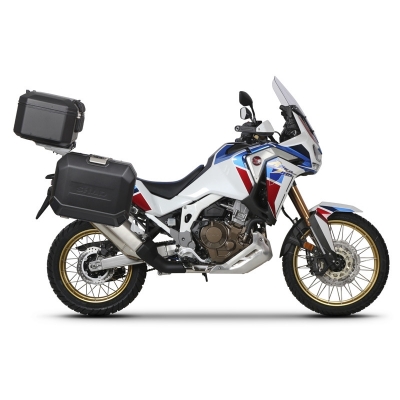 Kompletná sada čiernych hliníkových kufrov SHAD TERRA BLACK , 37 litrov vrchný kufor, 36/47 litrov bočné kufre, vrátane montážnej sady a platni SHAD HONDA CRF 1100 Africa Twin